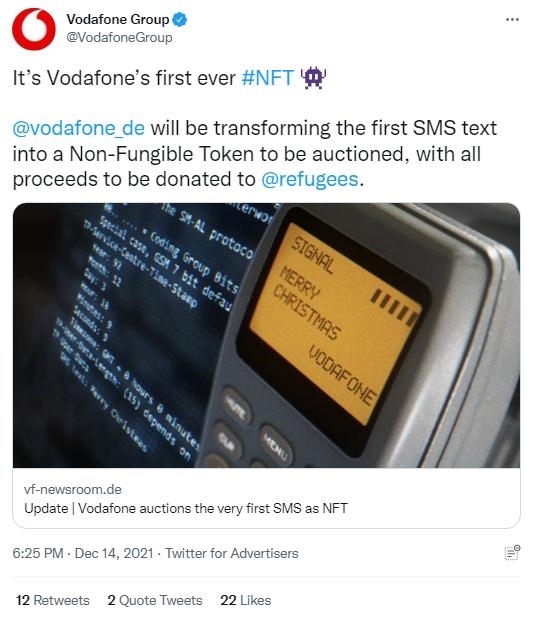 英國沃達豐公司也表示，計劃將拍賣所得全部捐贈給聯(lián)合國難民署，以支持那些被迫逃離家園的人。(圖片來源：英國沃達豐公司社交媒體截圖)