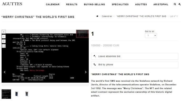 法國阿古特拍賣行網(wǎng)站上，世界第一條短信的拍賣信息。圖片來源：阿古特拍賣行網(wǎng)站截圖