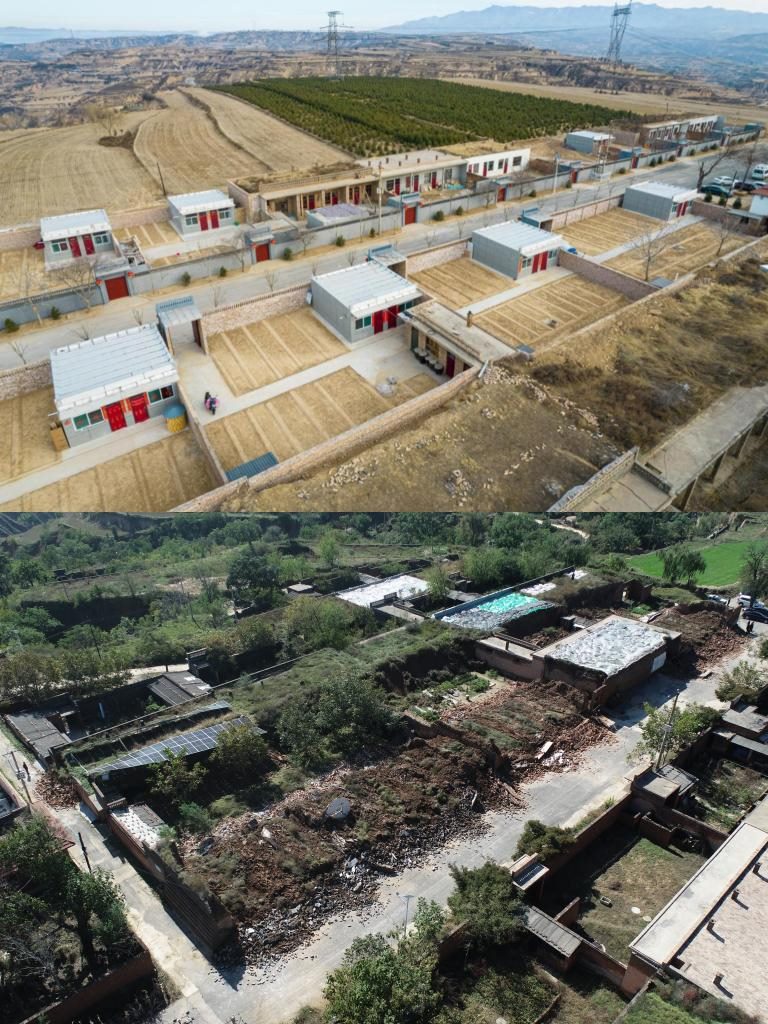 拼版照片，上圖是2022年1月山西省霍州市師莊鄉(xiāng)馮南垣村災(zāi)后恢復(fù)重建后的場景，下圖是2021年10月村莊因災(zāi)受損的場景。(霍州市委宣傳部供圖)