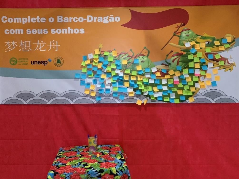 活動現(xiàn)場設(shè)置了“夢想龍舟”環(huán)節(jié)，大家將自己寫下的心愿貼在“龍舟”上，期盼“龍舟”承載自己的夢想駛向更美好的未來。（圣保羅州立大學(xué)孔子學(xué)院供圖）