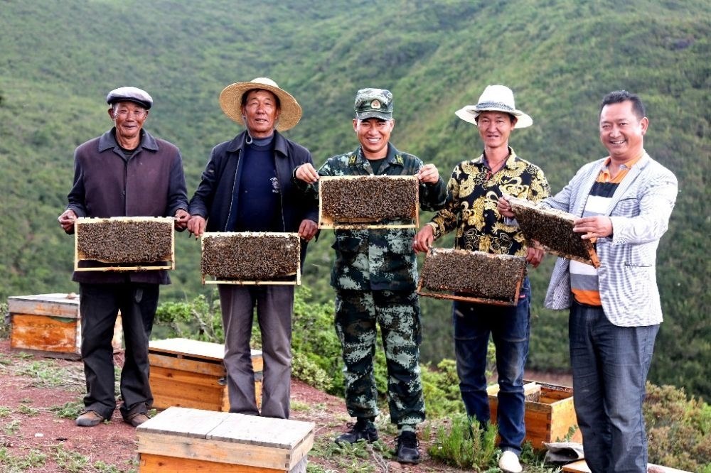 ↑武警四川總隊涼山支隊精準幫扶昭覺縣梭梭拉打村發(fā)展養(yǎng)蜂產(chǎn)業(yè)，總隊駐村扶貧干部布哈（中）和村民一同展示豐收成果（2019年6月12日攝）。新華社發(fā)（楊劍 攝）