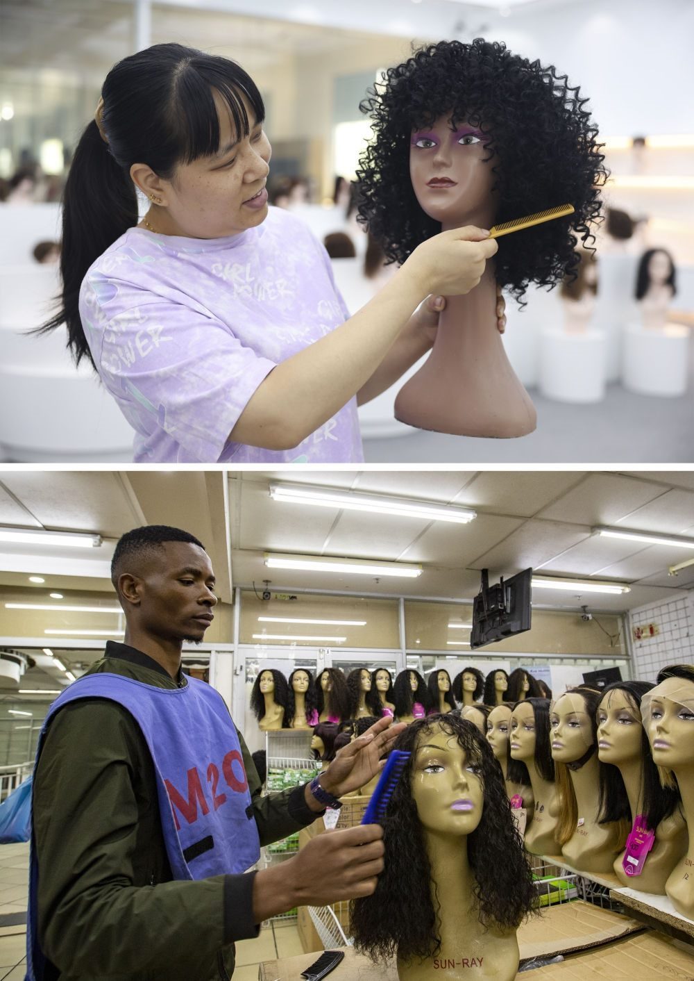 拼版照片：上圖為2023年5月25日，工人在湖南邵陽(yáng)陽(yáng)光發(fā)品有限公司展廳展示假發(fā)（新華社記者薛宇舸攝）；下圖為2023年6月9日，一名店員在湖南邵陽(yáng)陽(yáng)光發(fā)品有限公司位于南非約翰內(nèi)斯堡的店鋪內(nèi)展示假發(fā)（新華社記者張譽(yù)東攝）。新華社發(fā)