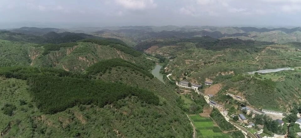 黃土溝壑中的高西溝村滿眼綠色（無人機照片，2023年7月26日）。新華社記者陳昌奇 攝