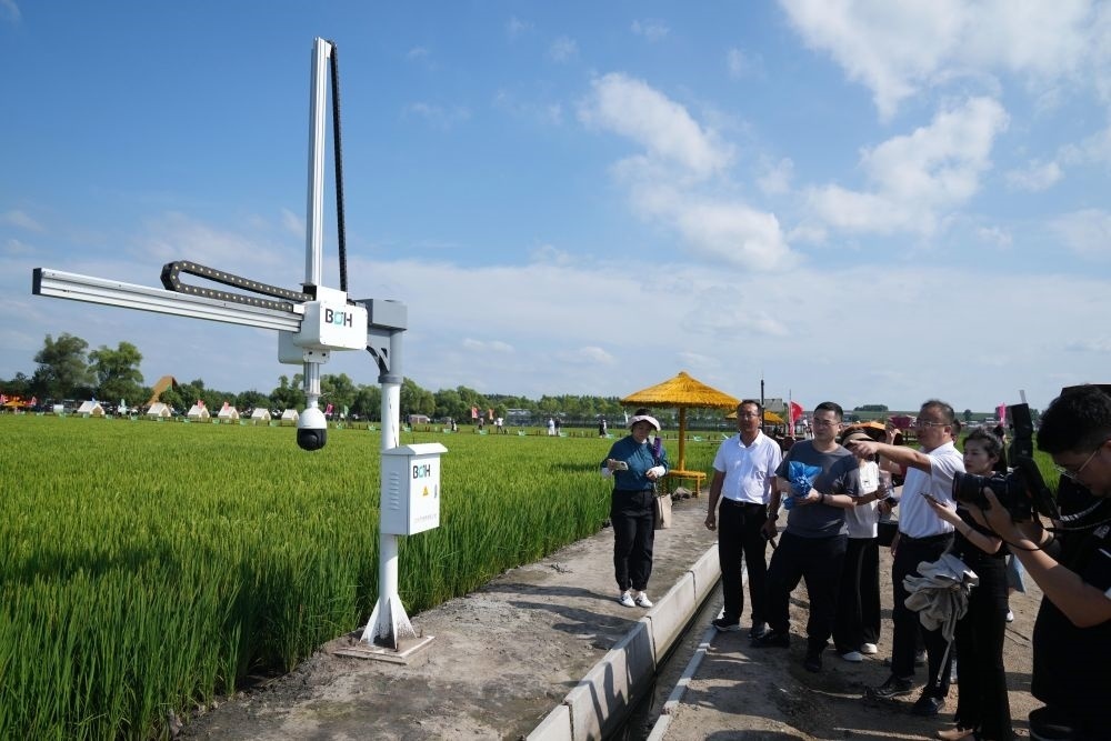 在北大荒集團閆家崗農(nóng)場有限公司農(nóng)業(yè)現(xiàn)代化示范區(qū)，工作人員在介紹利用數(shù)字技術(shù)的葉齡診斷儀（2023年8月10日攝）。新華社記者 王建威 攝