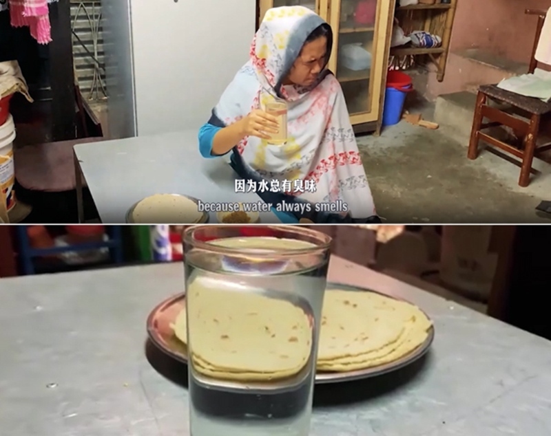 圖為紀(jì)實(shí)短片截圖：上圖為水質(zhì)未改善前，飲用水發(fā)黃渾濁；下圖為水廠建成后，飲用水水質(zhì)明顯改善，清澈透明。