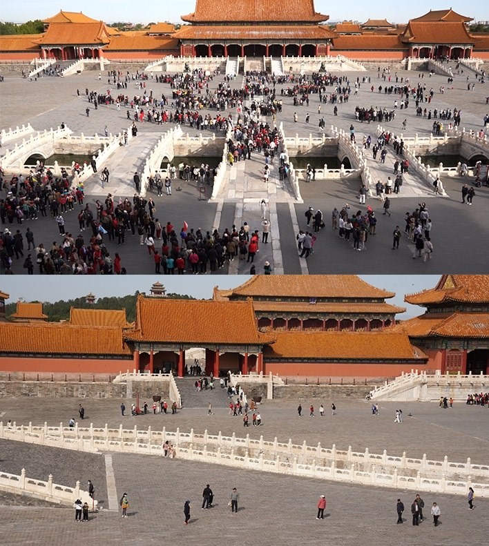 上午9時和下午13時的太和門廣場客流對比。故宮博物院供圖