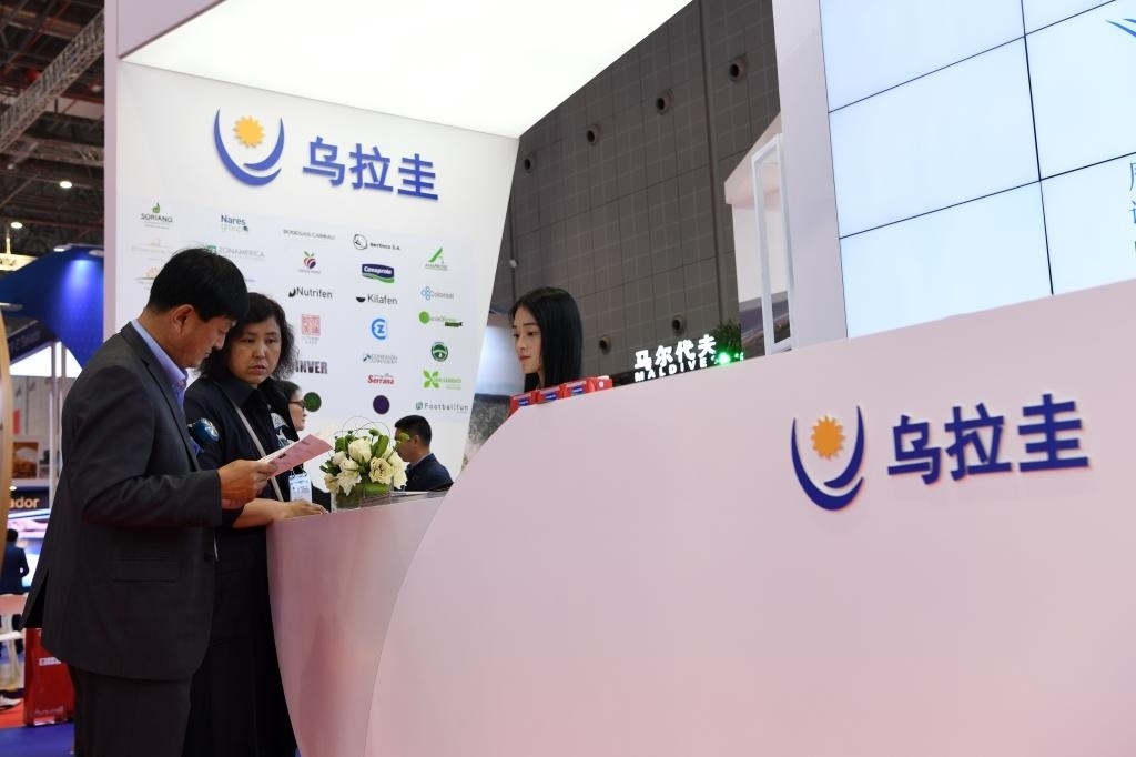 2019年11月6日，參觀者在第二屆進(jìn)博會(huì)烏拉圭國(guó)家館展臺(tái)咨詢。