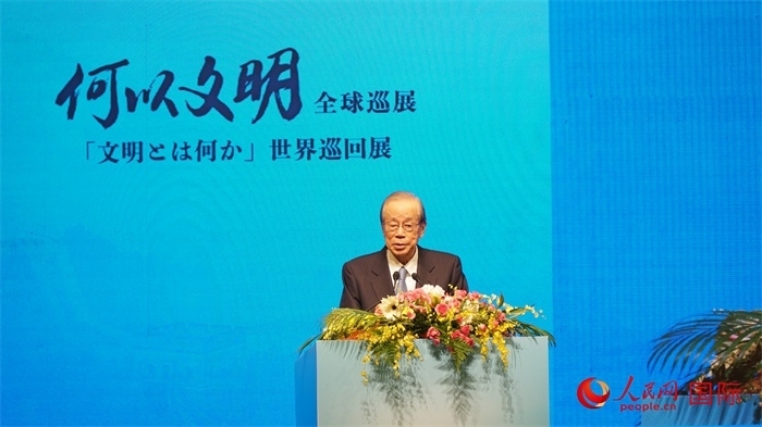 日本前首相福田康夫致辭。人民網(wǎng) 蔣曉辰攝