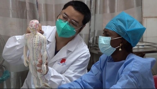 嘉興市中醫(yī)醫(yī)院郝亞波給當?shù)刂种v解中醫(yī)經絡。新華社發(fā)