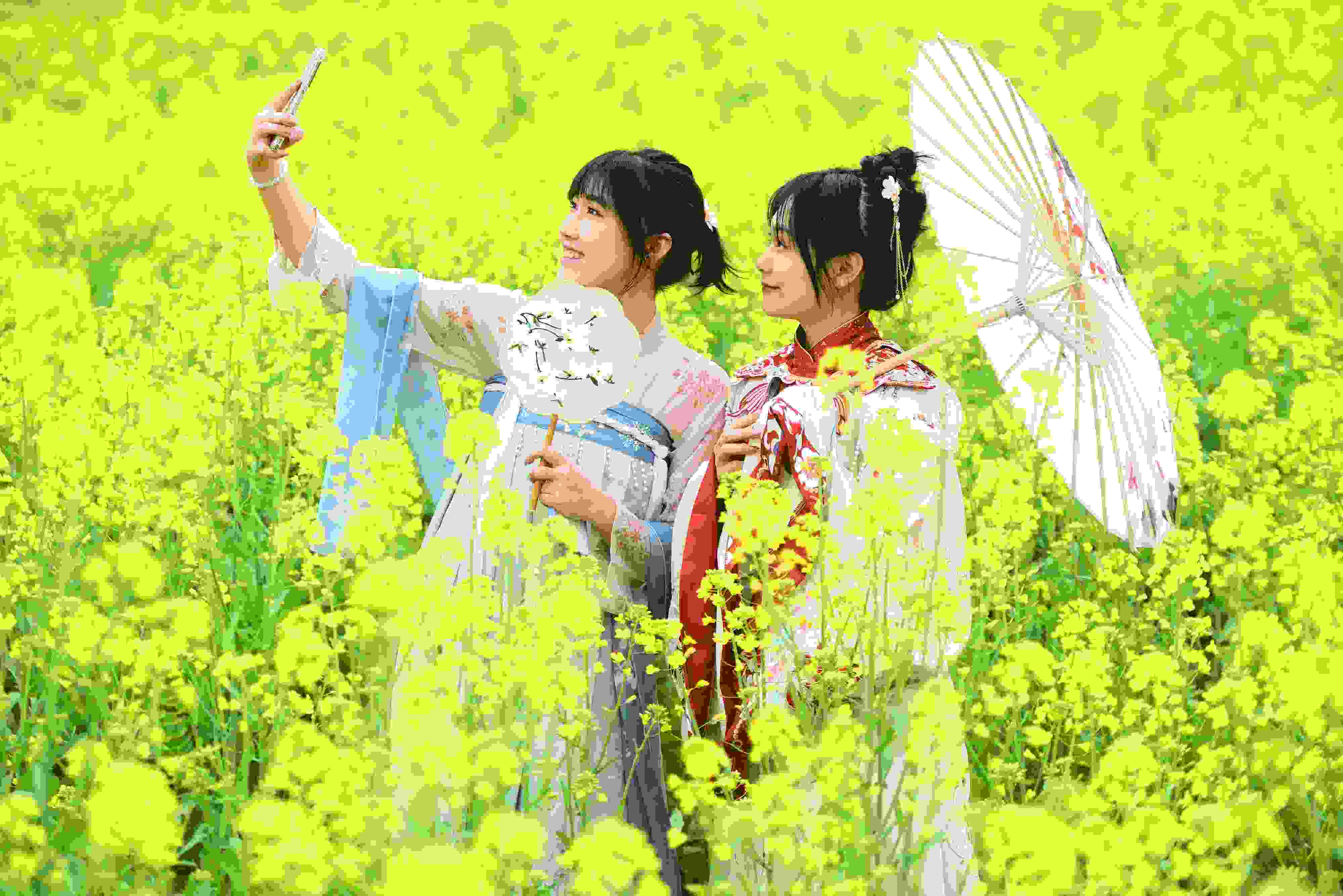 △ 2024年2月16日，廣西賀州，在富川瑤族自治縣麥嶺鎮(zhèn)三民村，游客在油菜花田間賞花拍照。