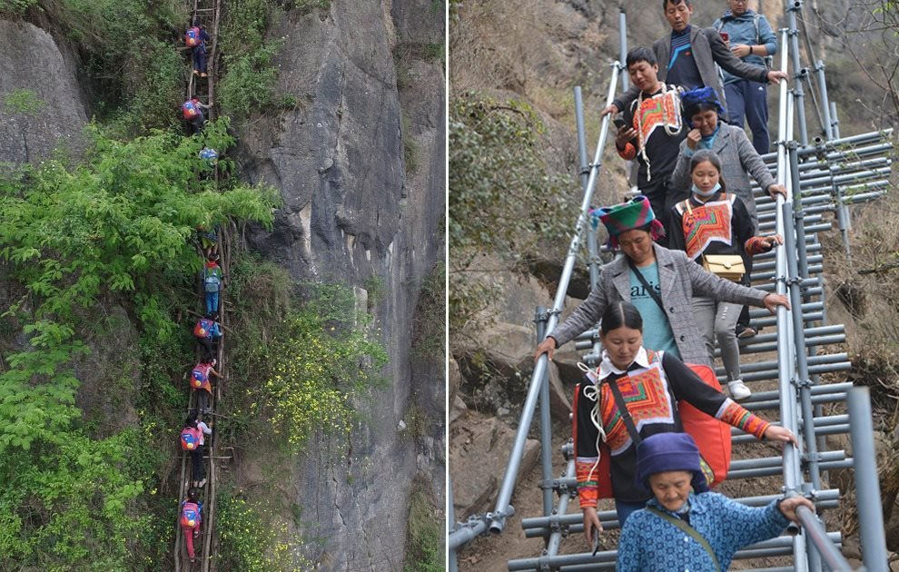 “懸崖村”今昔對比：左圖為2016年5月14日，“懸崖村”的孩子們攀爬木梯回家。右圖為2020年5月13日，“懸崖村”村民帶著行李通過鋼梯下山，搬遷至易地扶貧集中安置點(diǎn)的新家。