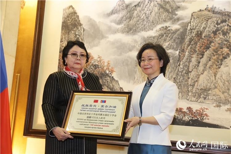 沈大使向?qū)殑跔柆敚ㄗ螅┟貢L轉(zhuǎn)交捐款。人民網(wǎng)記者 霍文攝