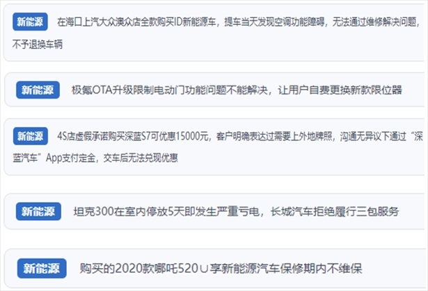 “人民投訴”用戶吐槽新能源汽車功能障礙多發(fā)、升級后配套服務(wù)跟不上、虛假優(yōu)惠、保修期內(nèi)不維保的問題。（“人民投訴”平臺截圖）