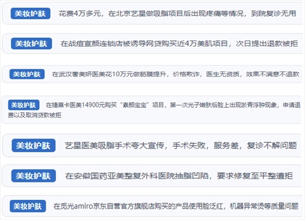 “人民投訴”用戶舉報醫(yī)美未達預(yù)期效果或?qū)е律眢w損傷退款遭拒、機構(gòu)及服務(wù)人員虛假資質(zhì)、被誘導(dǎo)高額醫(yī)美貸、網(wǎng)購美容儀器質(zhì)量不過關(guān)等問題。（“人民投訴”平臺截圖）
