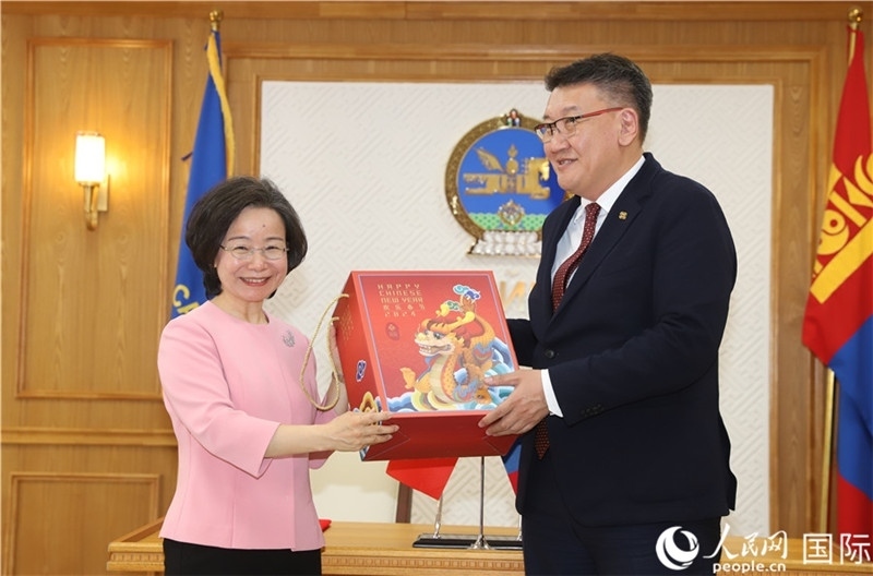 沈大使向扎布赫楞部長贈送吉祥龍。人民網(wǎng)記者 霍文攝