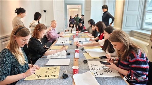 瑞典書法愛(ài)好者專心學(xué)習(xí)書法。人民網(wǎng)記者 殷淼攝