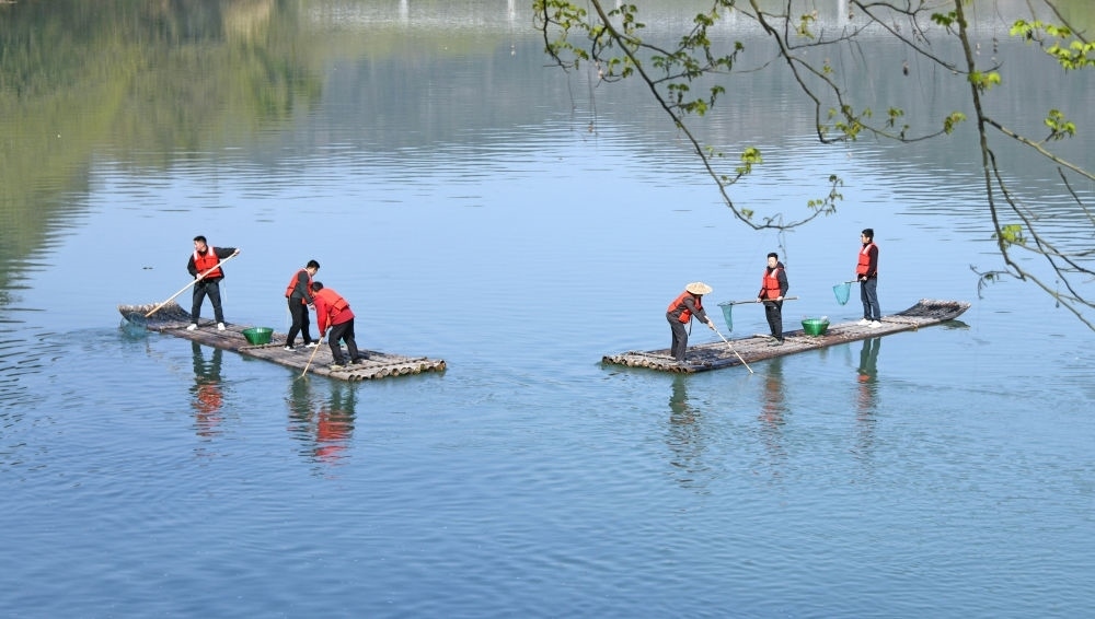 浙江省臺州市仙居縣步路鄉(xiāng)黨員志愿者與河長一起在永安溪巡河護(hù)水，清理雜物垃圾（2024年3月20日攝）。新華社發(fā)（王華斌攝）