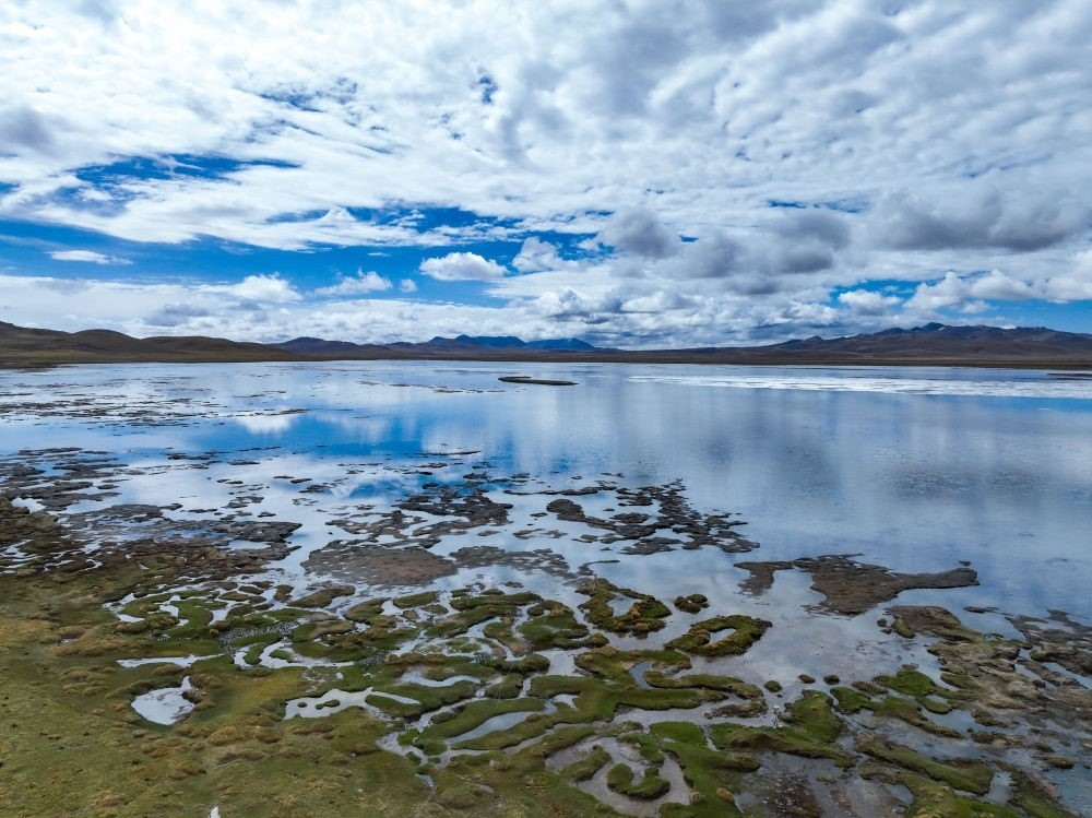 這是2024年5月26日在長(zhǎng)江源頭地區(qū)拍攝的班德湖一角（無(wú)人機(jī)照片）。新華社記者 張龍 攝