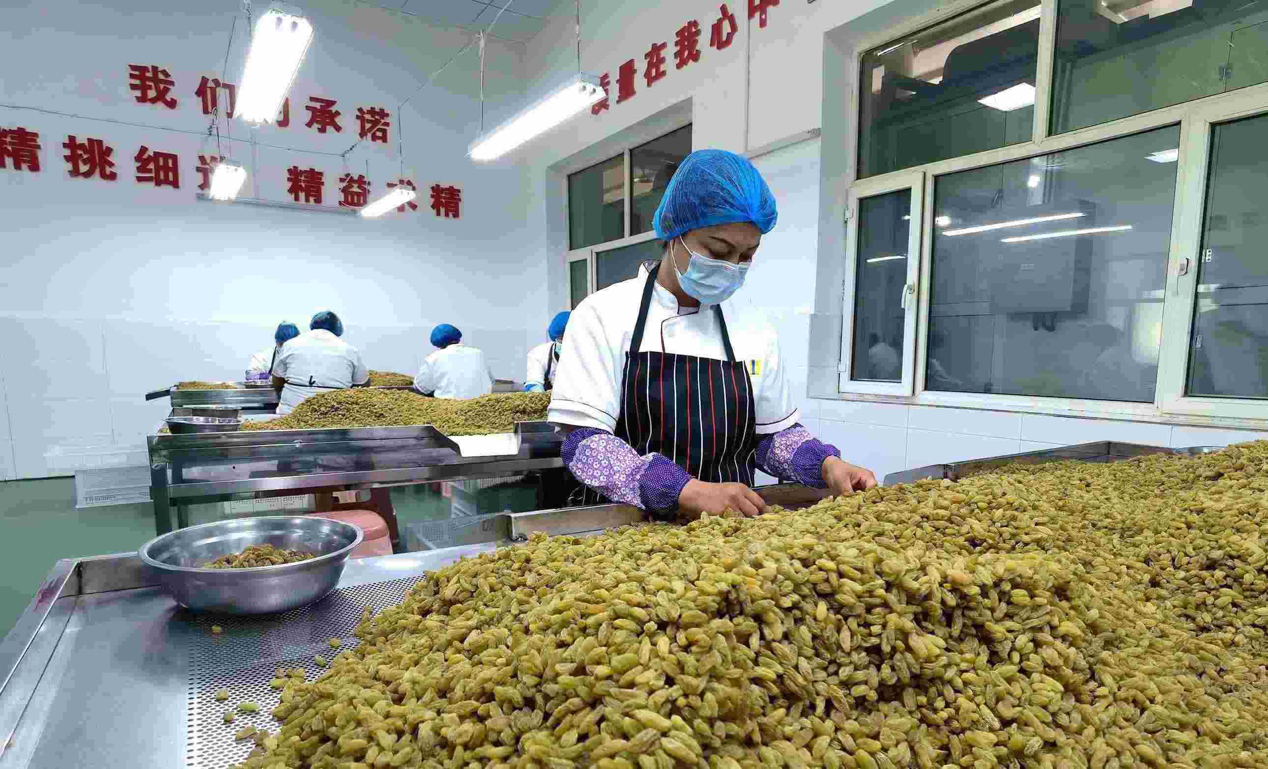 新疆吐魯番市高昌區(qū)亞爾鎮(zhèn)新城西門村，村民們在分揀葡萄干。