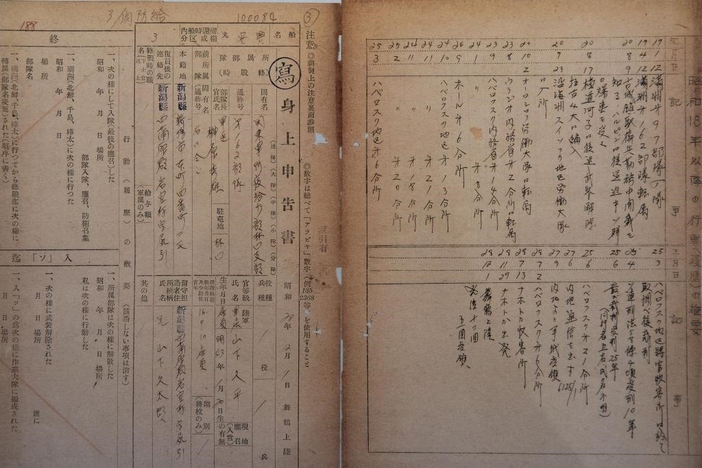 這是7月5日在侵華日軍第七三一部隊(duì)罪證陳列館拍攝的731部隊(duì)林口162支部《身上申告書》（影印件）。新華社記者 張濤 攝