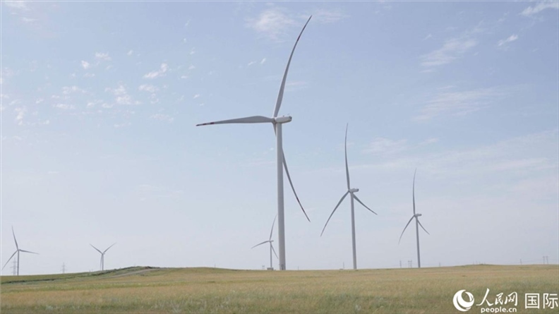 阿克莫拉州風(fēng)電項目群風(fēng)機(jī)。 人民網(wǎng)記者 葛泰佚攝