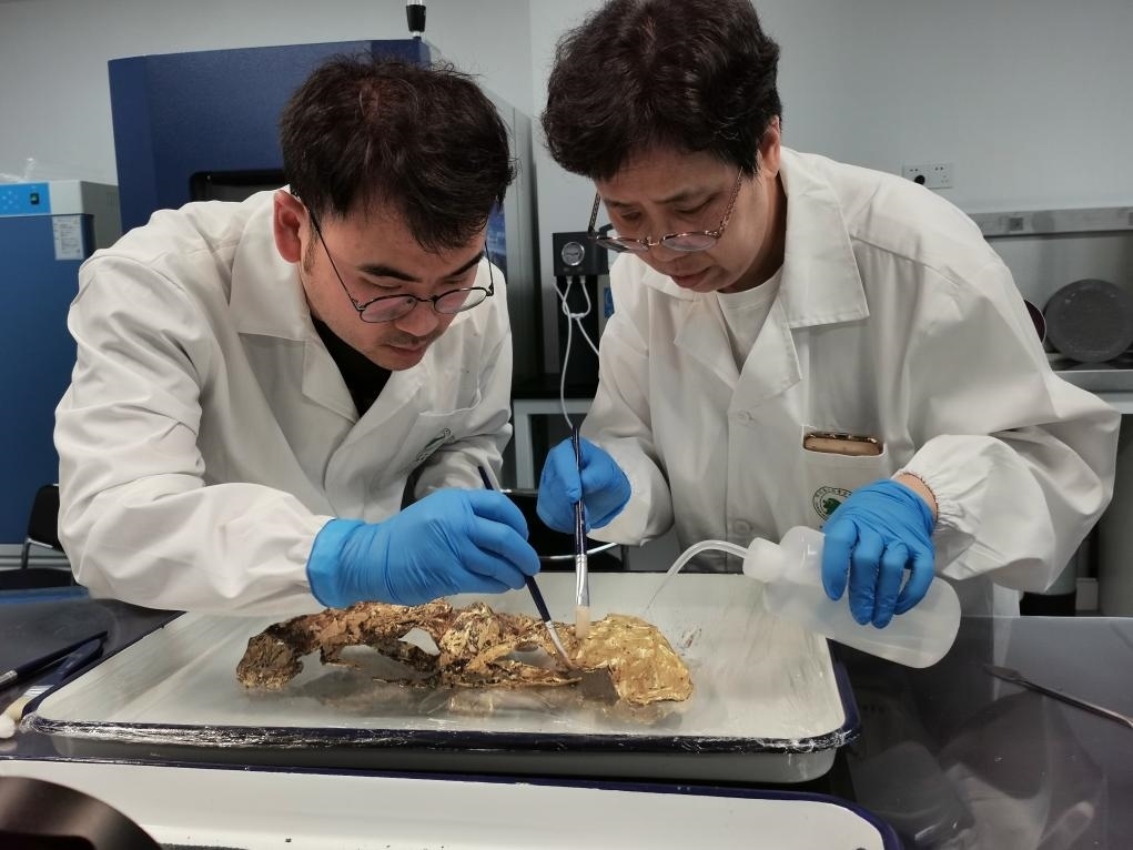 2023年7月，馬燕如（右）帶著魯海子（左）修復(fù)三星堆遺址出土的黃金面具。新華社發(fā)（四川省文物考古研究院供圖）