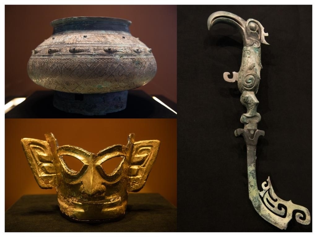 拼版照片：左上圖為青銅瓿，左下圖為黃金面具，右圖為青銅樹枝。新華社記者唐文豪 攝