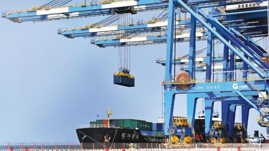 自動(dòng)化起重機(jī)在中國(guó)（廣西）自由貿(mào)易試驗(yàn)區(qū)欽州港吊裝集裝箱。（圖片來(lái)源：新華社）