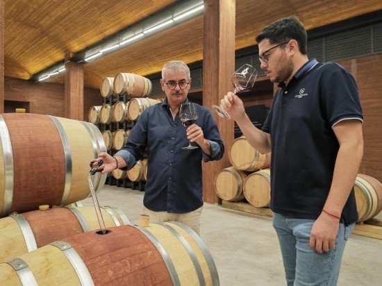  8月7日，尼古拉·格里馬（左）與同事在酒窖中。新華社記者 劉海 攝