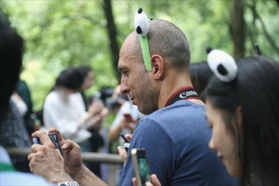 俄羅斯《俄羅斯報》視覺內容編輯阿爾圖爾·杰魯諾夫在拍攝熊貓。（李佩藺 攝）