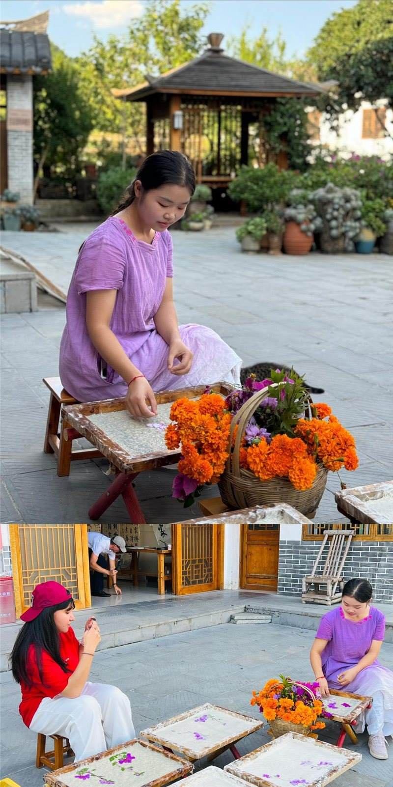 沒有女生不愛花。以古法造紙技藝為基礎(chǔ)，再輔以花草枝葉勾勒各式圖案，創(chuàng)作出花茂村獨(dú)具特色的紙漿壓花畫，少女手中的花是她眼中的風(fēng)景，而她與正在制作的紙漿壓花畫也是別人眼中的風(fēng)景。（哈薩克斯坦BAQ通訊社高級記者古爾詹·拉曼庫洛娃、張亞欣攝）