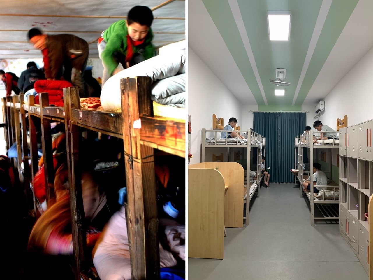 縉云縣東渡鎮(zhèn)長坑小學(xué)2005年以前的學(xué)生宿舍（左），以及現(xiàn)在的學(xué)生宿舍（右） 學(xué)校供圖