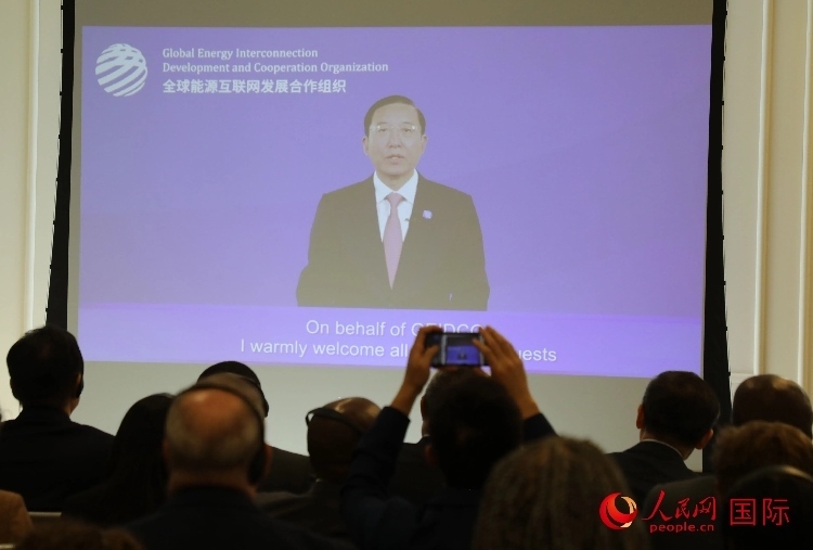 全球能源互聯(lián)網發(fā)展合作組織主席、中國電力企業(yè)聯(lián)合會理事長辛保安通過視頻方式致辭。人民網記者 李志偉攝