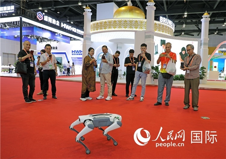 東博會(huì)上，觀眾正在參觀一只機(jī)器狗。綠色能源、新能源汽車、綠色農(nóng)產(chǎn)品等成為本屆東博會(huì)觀眾關(guān)注的焦點(diǎn)。人民網(wǎng)記者 趙益普攝