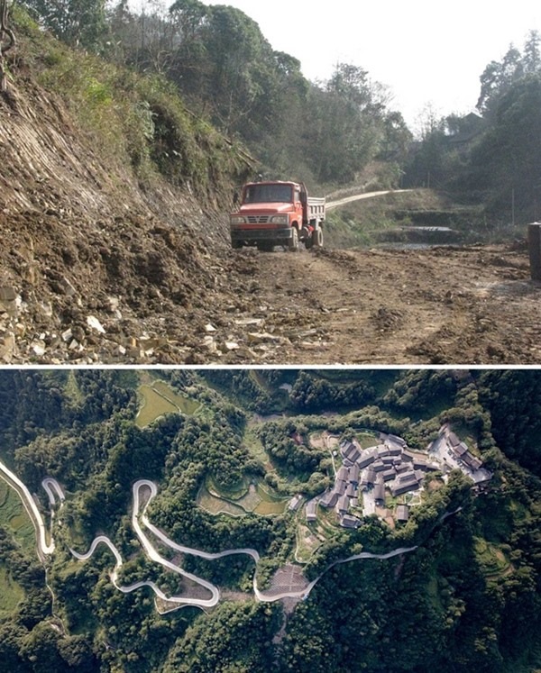 拼版照片：上圖為2011年12月拍攝的湖南省湘西土家族苗族自治州花垣縣十八洞村進村道路；下圖為2019年9月拍攝的十八洞村及進村道路。