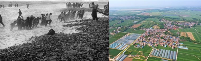 拼版照片：左圖為蘭考群眾在拉淤土壓沙（新華社記者 鄧歷耕 攝）；右圖為2024年4月25日拍攝的蘭考縣張莊村（無人機(jī)照片，新華社記者 郝源 攝）。