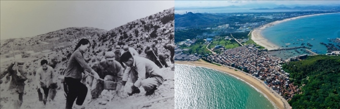 拼版照片：左圖為東山縣群眾在荒山上種植樹苗（資料照片）；右圖為2020年6月18日拍攝的東山縣陳城鎮(zhèn)澳角村附近風(fēng)光（無人機(jī)照片，新華社記者 姜克紅 攝）。