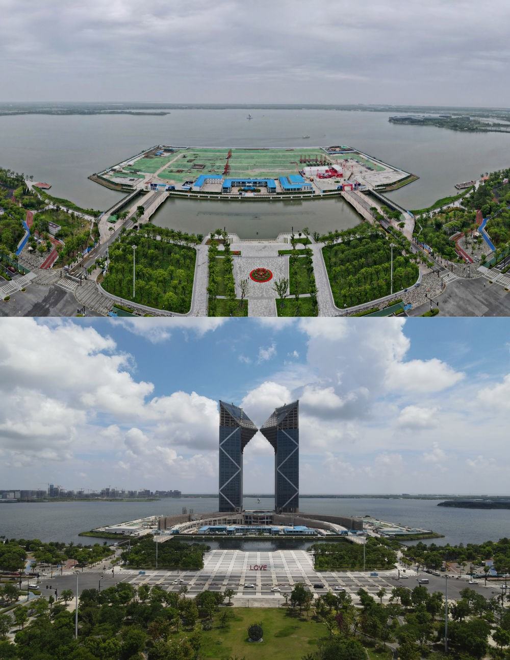 拼版照片：空中俯瞰中國（上海）自由貿(mào)易試驗區(qū)臨港新片區(qū)滴水湖西島中銀金融中心項目現(xiàn)場（上圖為2021年6月20日攝，無人機照片；下圖為2024年8月14日攝，無人機照片）。2019年8月20日，臨港新片區(qū)揭牌成立，一個開放新高地在長江與東海交匯處日益崛起。