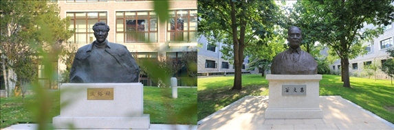△左圖為中央黨校（國家行政學院）校園內的焦裕祿雕塑，右圖為校園內的谷文昌雕塑。