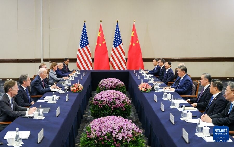 當(dāng)?shù)貢r間11月16日下午，國家主席習(xí)近平在利馬同美國總統(tǒng)拜登舉行會晤。新華社記者 丁林 攝