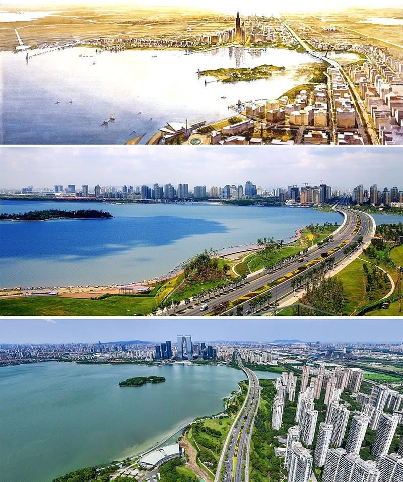 拼版照片：上圖為1994年繪制的蘇州工業(yè)園區(qū)手繪規(guī)劃圖；中圖為2007年拍攝的蘇州工業(yè)園區(qū)；下圖為2023年7月4日用無(wú)人機(jī)拍攝的蘇州工業(yè)園區(qū)。