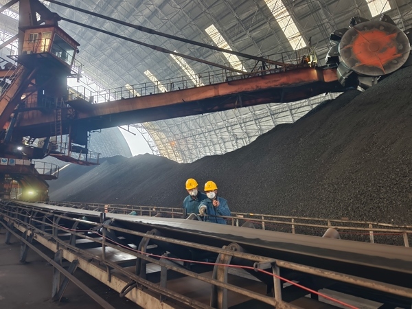 趙善國(guó)（右）和同事對(duì)電廠煤場(chǎng)進(jìn)行巡檢。受訪者供圖