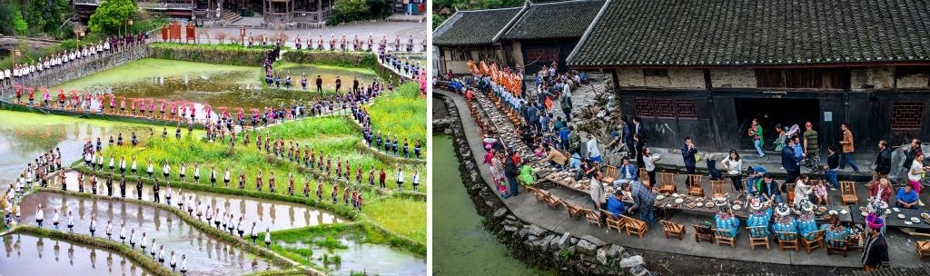 左圖：近期，人們在黎平縣肇興侗寨的田園里演唱侗族大歌（黎平縣委宣傳部供圖）；右圖：這是2023年拍攝的十八洞村長桌宴（湘西州委宣傳部供圖）。