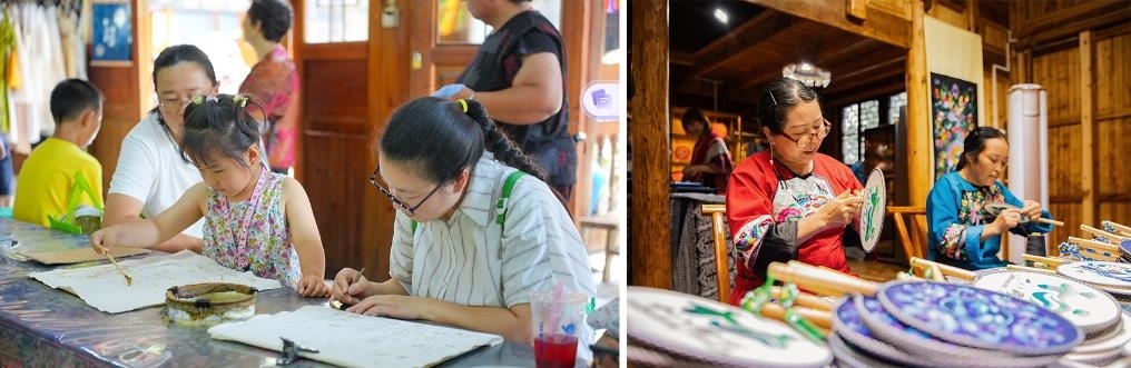 左圖：近期，游客在黎平縣肇興侗寨體驗非遺蠟染藝術(shù)（黎平縣委宣傳部供圖）；右圖：這是2024年拍攝的繡娘在十八洞村梨子寨苗繡鄉(xiāng)村振興示范基地制作苗繡產(chǎn)品（湘西州委宣傳部供圖）。