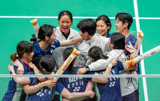 5月3日，韓國隊慶祝晉級決賽。新華社記者 孫非 攝