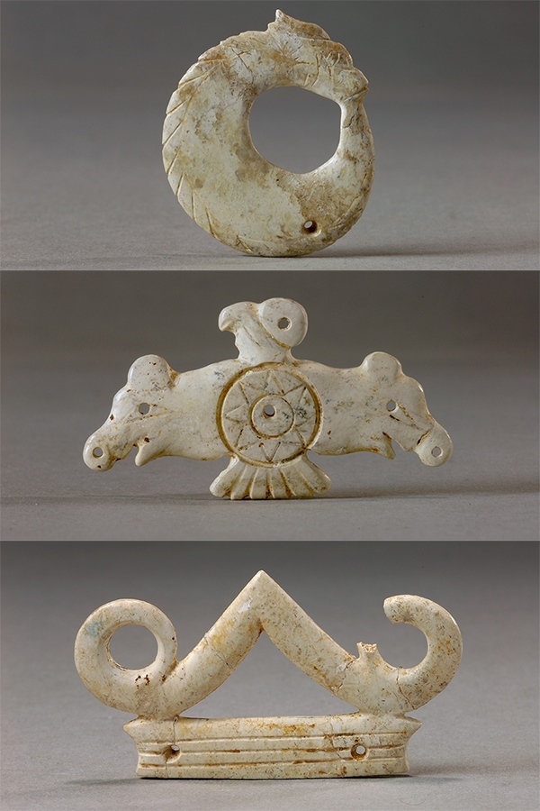 玉龍（上）、玉鷹（中）和玉冠飾（下）。國家文物局供圖