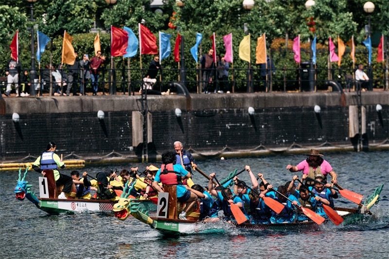 中英雙方的參賽隊(duì)伍參與龍舟競(jìng)渡。楊浩鵬攝