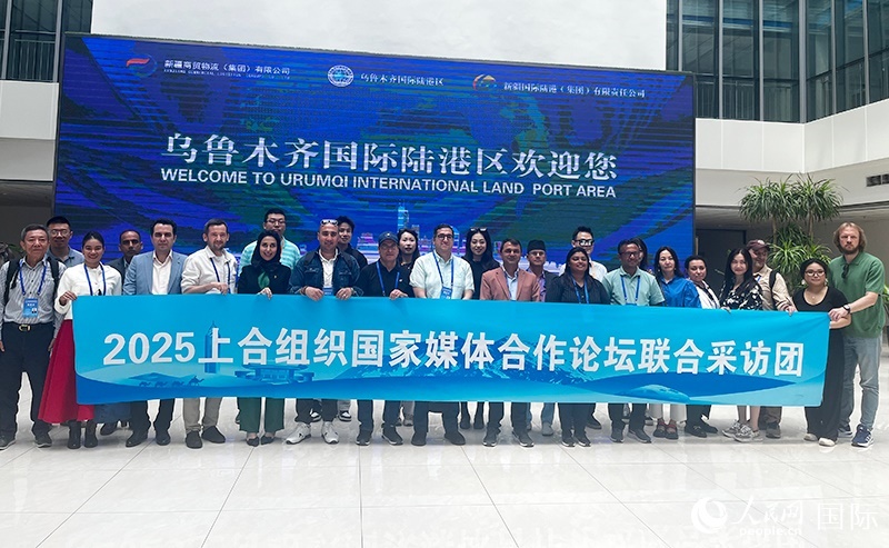5月26日，外國媒體人在烏魯木齊國際陸港區(qū)合影留念。 人民網(wǎng)記者 翟轉(zhuǎn)麗攝