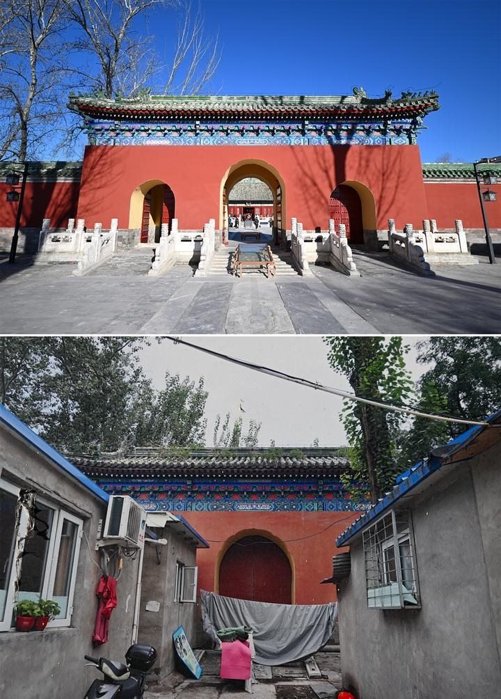 位于先農(nóng)壇內(nèi)的慶成宮，曾長(zhǎng)時(shí)間被雜亂的民居占據(jù)。在北京中軸線申遺保護(hù)工作的帶動(dòng)下，北京完成了慶成宮區(qū)域文物征收騰退、非文物建筑拆除、彩畫保護(hù)、本體修繕、展覽布陳等，讓560多年歷史的古建群重新回歸。2024年12月，北京中軸線上先農(nóng)壇內(nèi)的慶成宮首次面向社會(huì)公眾開(kāi)放。上圖為騰退修繕后的慶成宮內(nèi)宮門（資料照片）；下圖為翻拍的慶成宮內(nèi)宮門騰退修繕前的資料照片（2024年12月21日攝）。